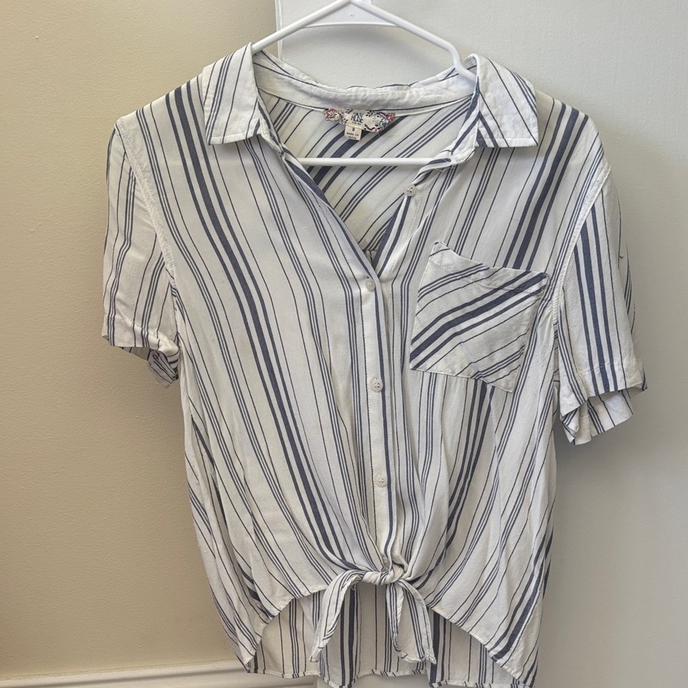 Pink Rose White & Navy Striped Tie-Hem Button Top